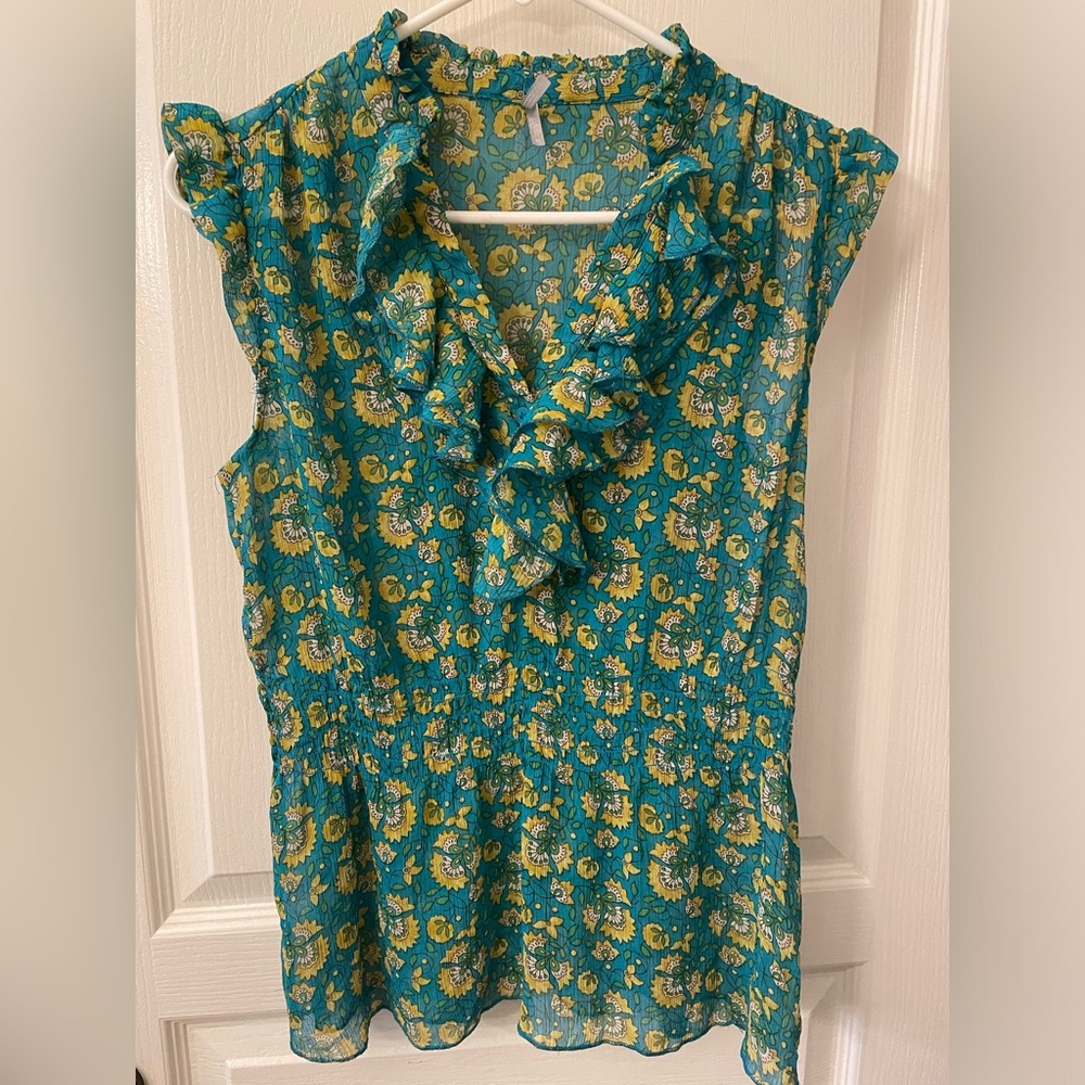 Max Rave teal and yellow floral blouse. Size Medium.